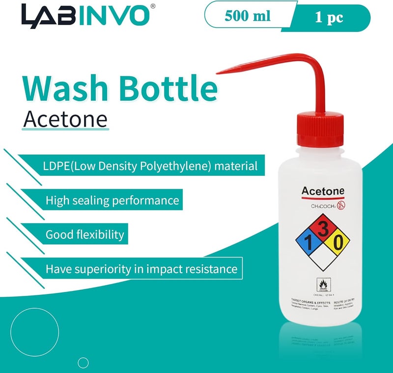 LINVO Acetone Wash Bottle, 1PC of Vol.500ml (17oz), Narrow Mouth, Self-Venting Safety Wash Bottle, LDPE Material, IN-WBA501 - Image 2